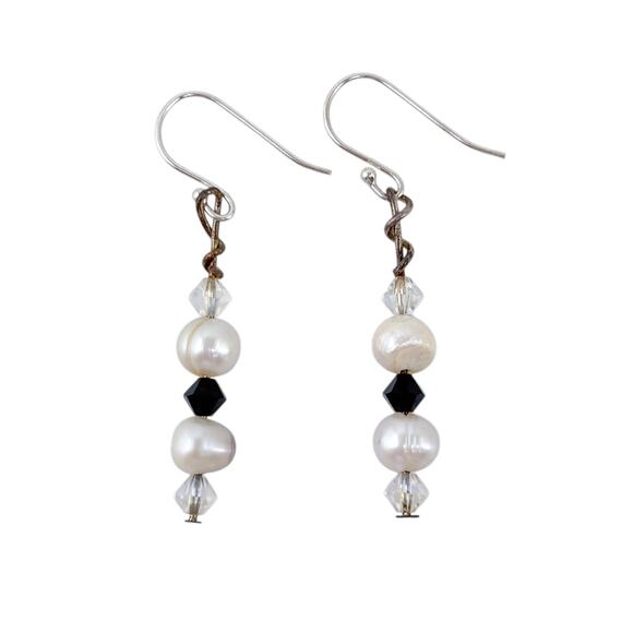 Estate Silver-Tone White Pearl Crystal Dangle Earrings - Picture 4 of 6